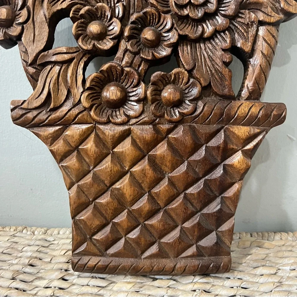 Vintage wood hanging flowers In Basket MCM‎ 17” Boho
